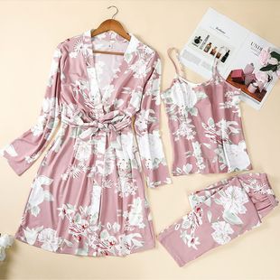 Foreign Trade Spring and Autumn New Soft Retro Printed Three-Piece Home Clothes Women's Suit Cardigan Amazon eaby Explosions