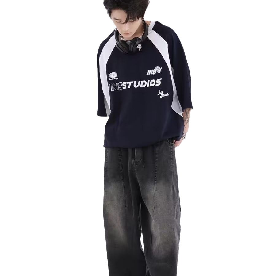 Japanese style cityboy national fashion brand couple American gradient washed jeans loose wide leg pants straight pants men
