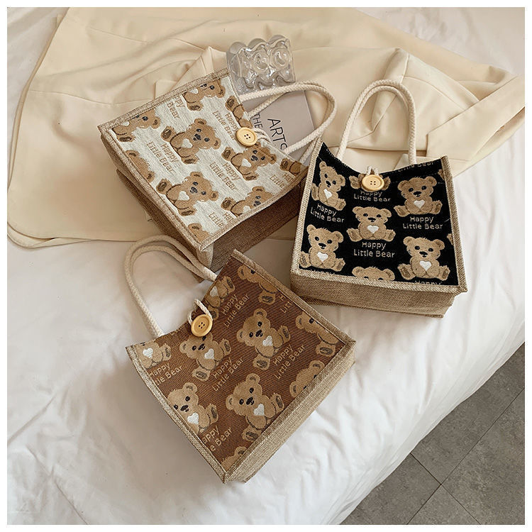 Little Bear Linen Handbag Women's Out Hand Bag 2021 New ins Japanese Canvas Bag Student Shoulder Bag