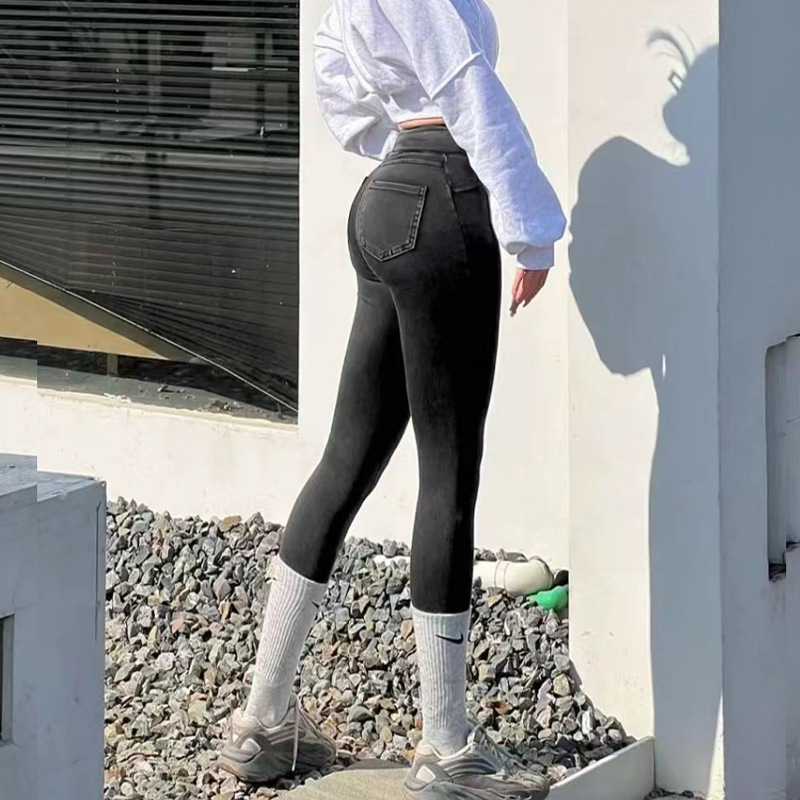 Ams206はデニムのフィットネスのズボンの女性をまねて腰を上げてお尻を収めて腹を収めてランニングします。|undefined