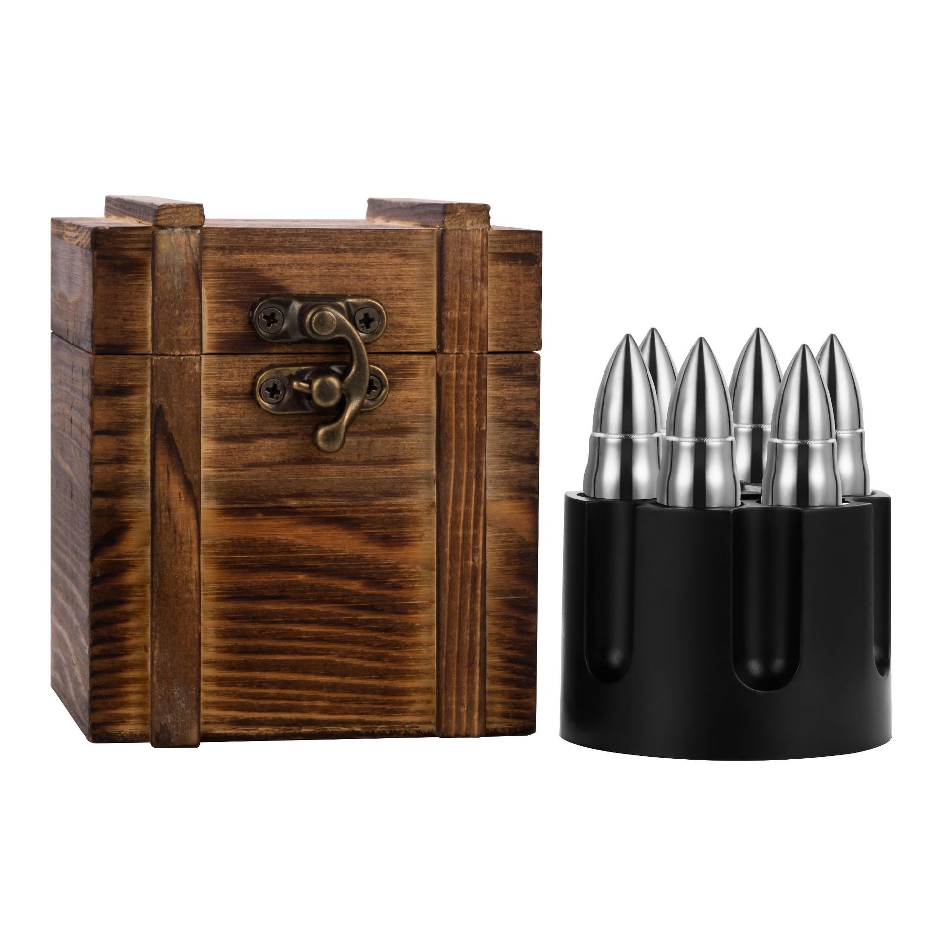Amazon Bullet Whiskey Stone Set-Wooden Boxed Gold/Silver Ice Cube Bullet Ice Wine Stone