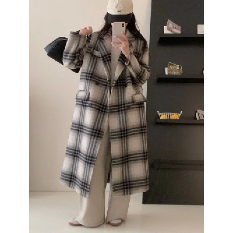 Manteau double face à carreaux coréens de haute qualité en laine longue pour femme, épais, automne et hiver_voghion.com
