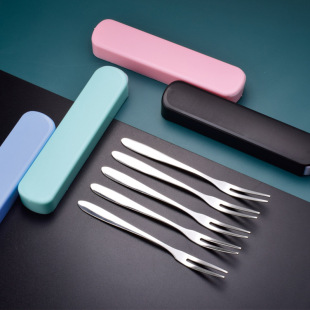 Creative Two-tooth Fork Set Dessert Cake Small Fork Storage Box Thickened 304 Portable Stainless Steel Fruit Fork