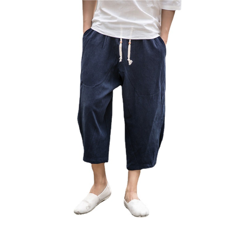 Loose Large Size Cotton and Linen Capri Pants K883 Trendy Men's Big Pants Fat Shorts Casual Wide Leg Linen Pants Summer