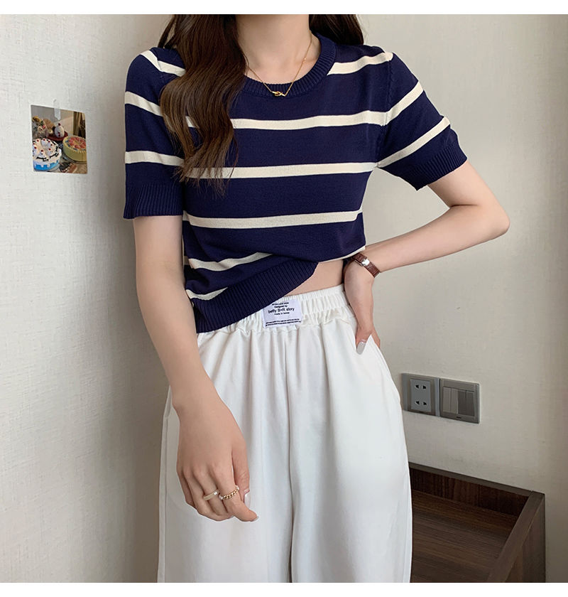 Round neck t-shirt striped summer new contrast color short ice silk retro temperament high waist Internet celebrity super hot short-sleeved top