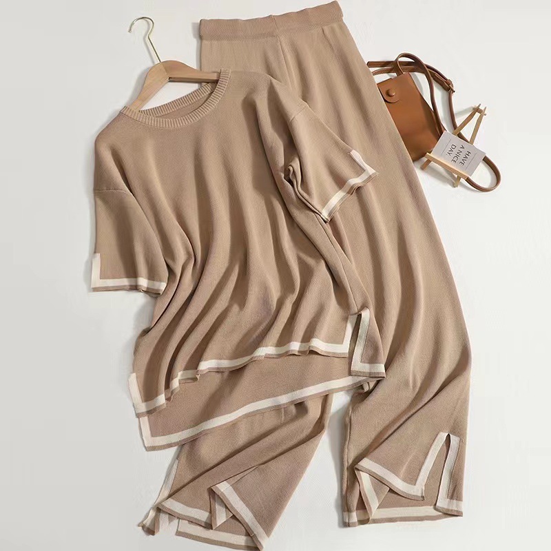 New fashion suit temperament contrast color split short sleeve sweater + high waist slim wide leg pants pants two-piece set