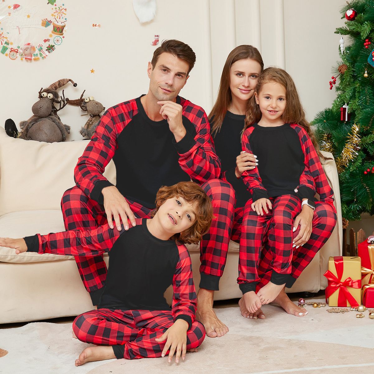 European and American Amazon Independent Station 2023 New Christmas Solid Color Plaid Printed Parent-Child Home Clothes Pajamas Set - ShopShipShake