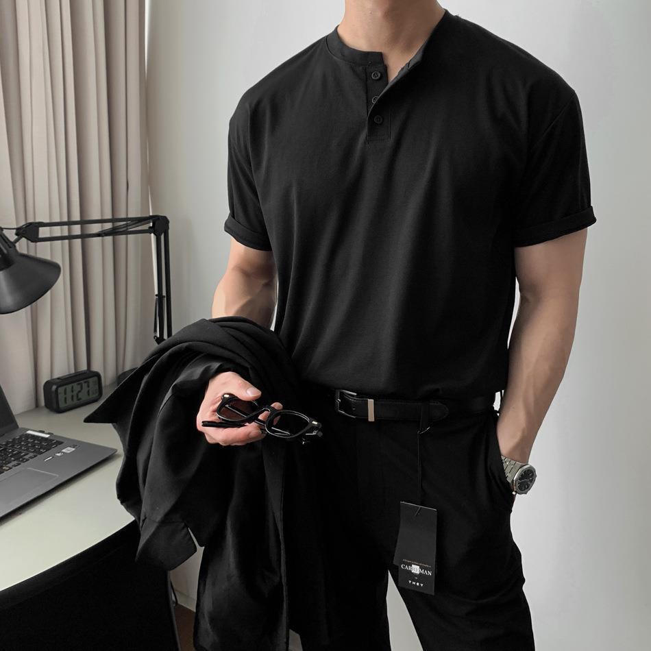 American Style Retro Heavy-Duty Short-Sleeved T-Shirt Men's Polo Shirt Mature and Steady Tight Cuff Fitness Tough Guy Henry Shirt