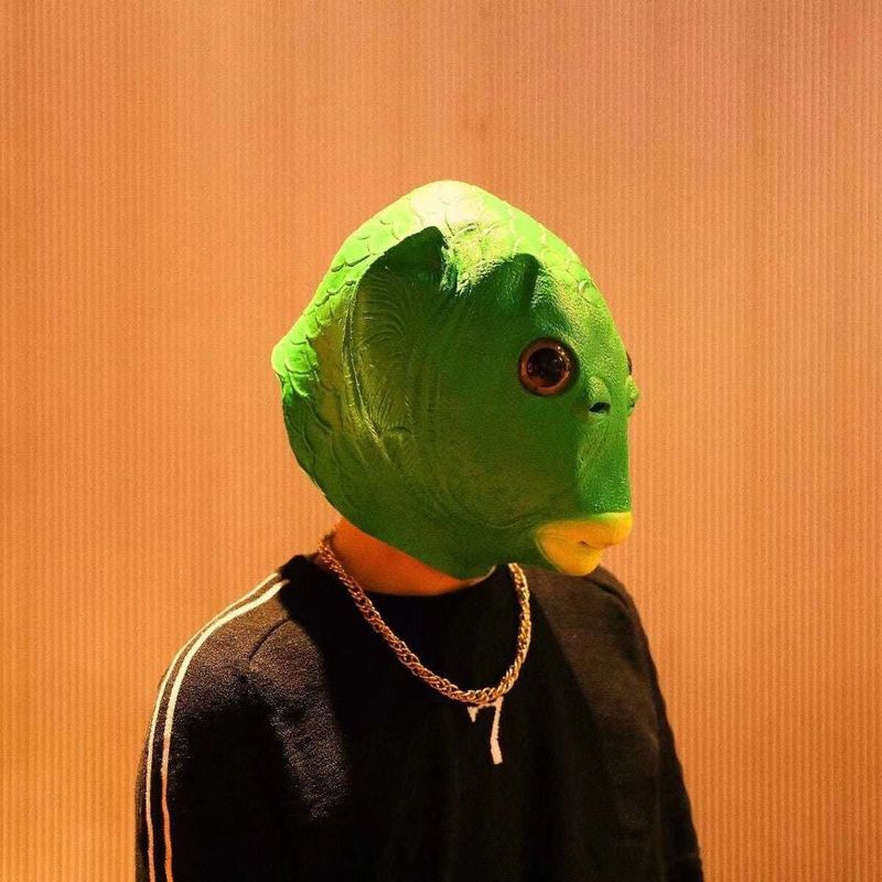 ネットの赤い魚の頭のカバーの震え音の男女の魚の頭のカバーのマスクの緑の頭の魚の人はかわいいです。|undefined