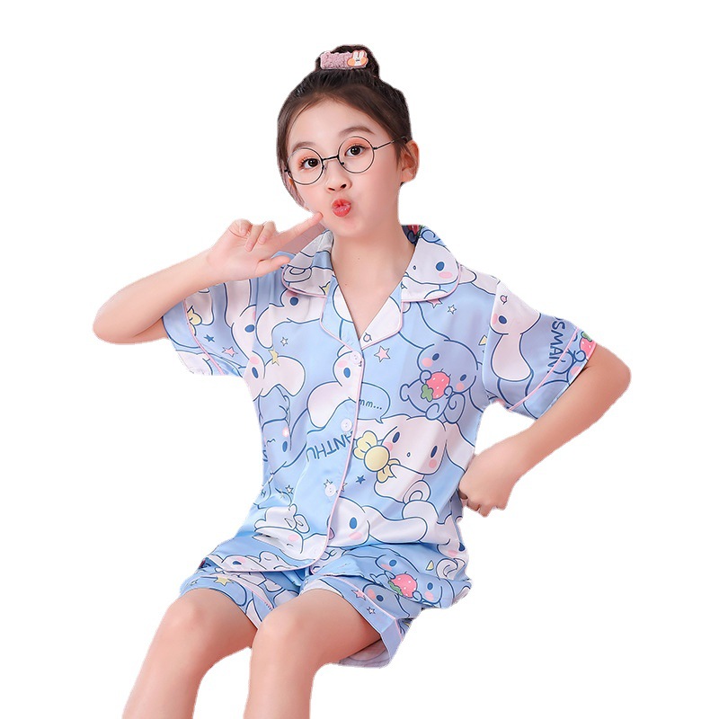 Children's Pajamas Summer Short-sleeved Ice Silk Girls' Air-conditioning Clothes Little Girl's Cute Cartoon Lapel Home Clothes Set