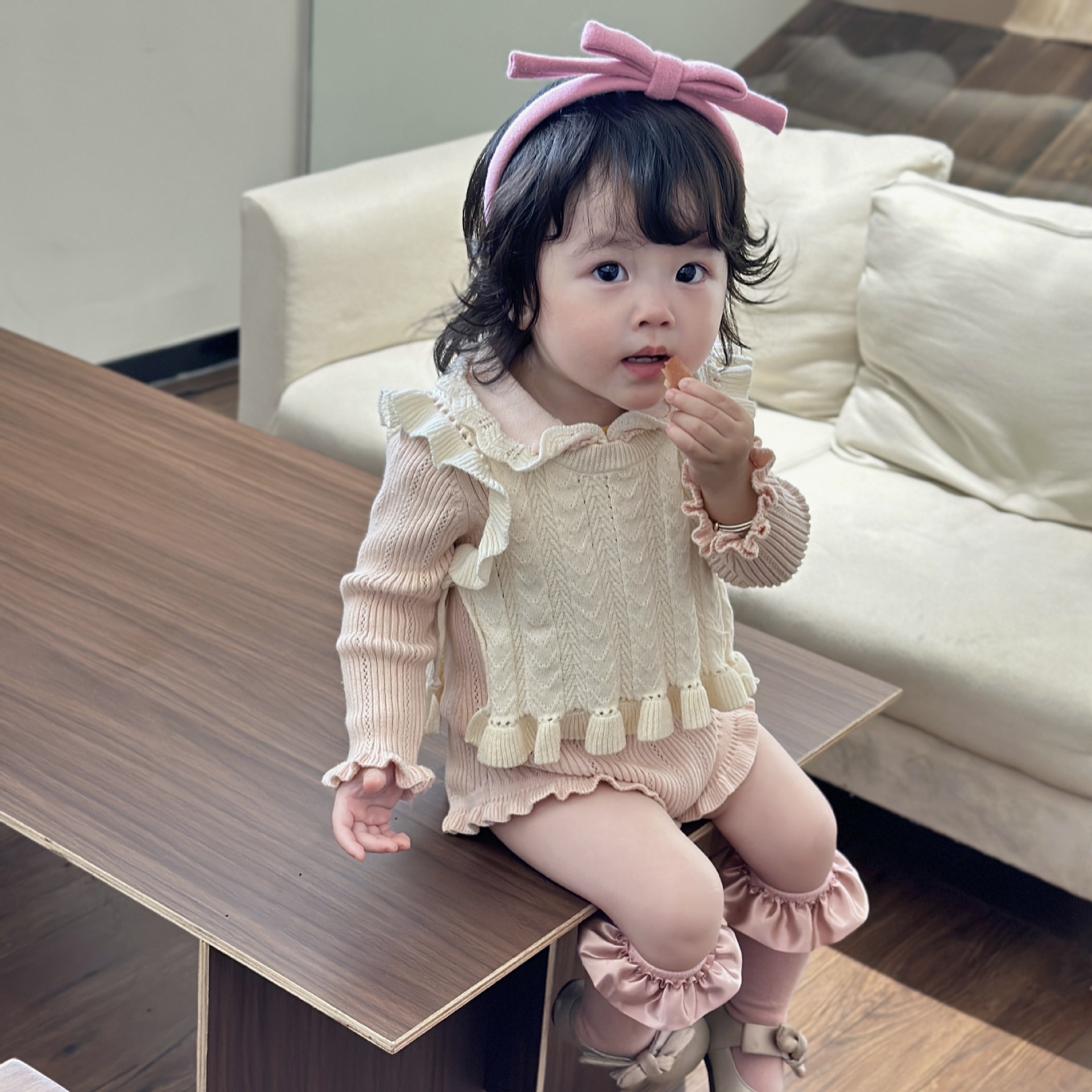 Cutemily Baby Girl Ins Knitted Lapel Climbing Suit Female Treasure Spring and Autumn Pit Strip Long-sleeved Contrast Triangle Ha-ha Suit