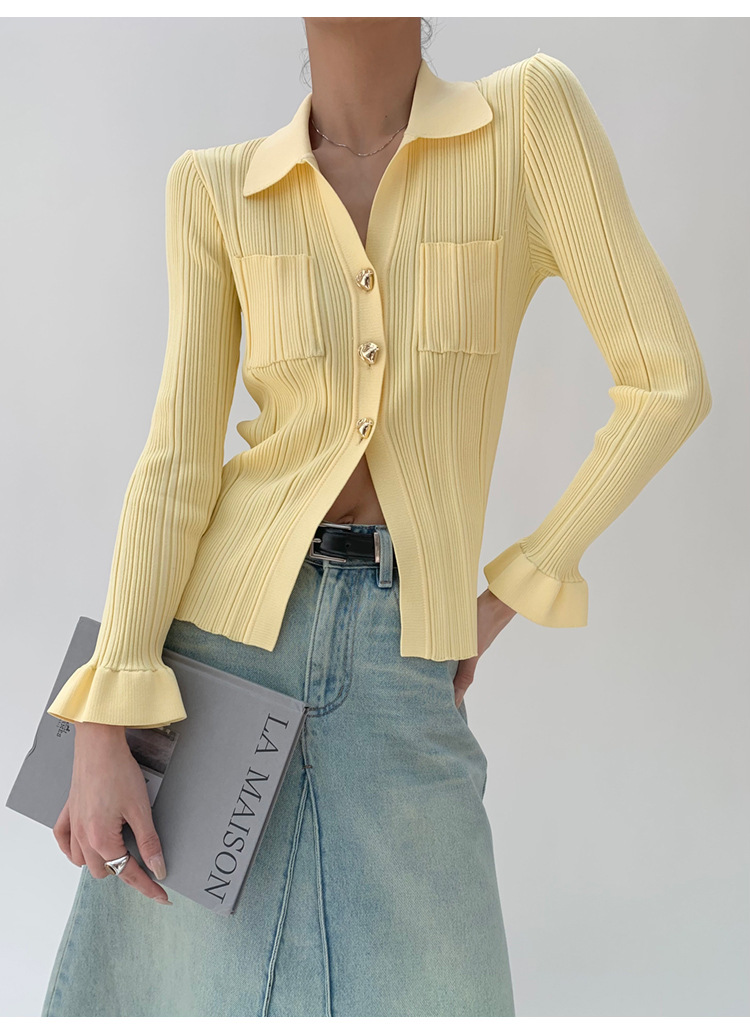 [Nouveauté le 21/03] Nouveau design Sense Split Knitted Jacket Cardigan jaune clair au printemps 2024_voghion.com