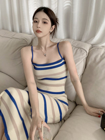 2023 striped knitted sling dress women's spicy girl elegant waist hip skirt mid-length retro sleeveless skirt