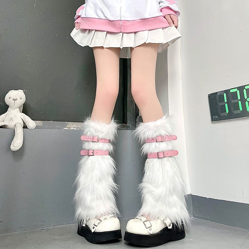 Meias peludas com anel de panturrilha Y2G, meias de pele QQ Show Girl, fivela de couro rosa, capa quente para perna, meia-panturrilha, meias de pelo picante JK_voghion.com