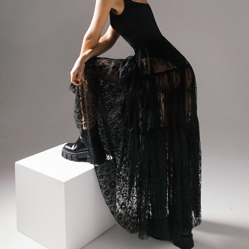 Black sexy perspective lace high waist commuter skirt 2025 Europe and the United States new fashion foreign trade cross-border long skirt women