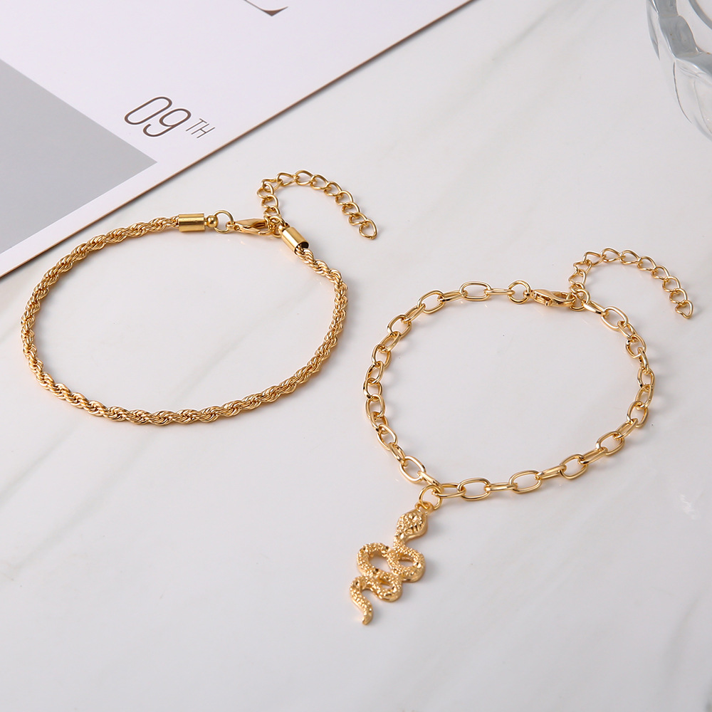 Cross-border Hot Selling Foot Chain Fashion Gold Plated Twist Snake Pendant Cross Chain Double Layer Foot Chain Women Wholesale
