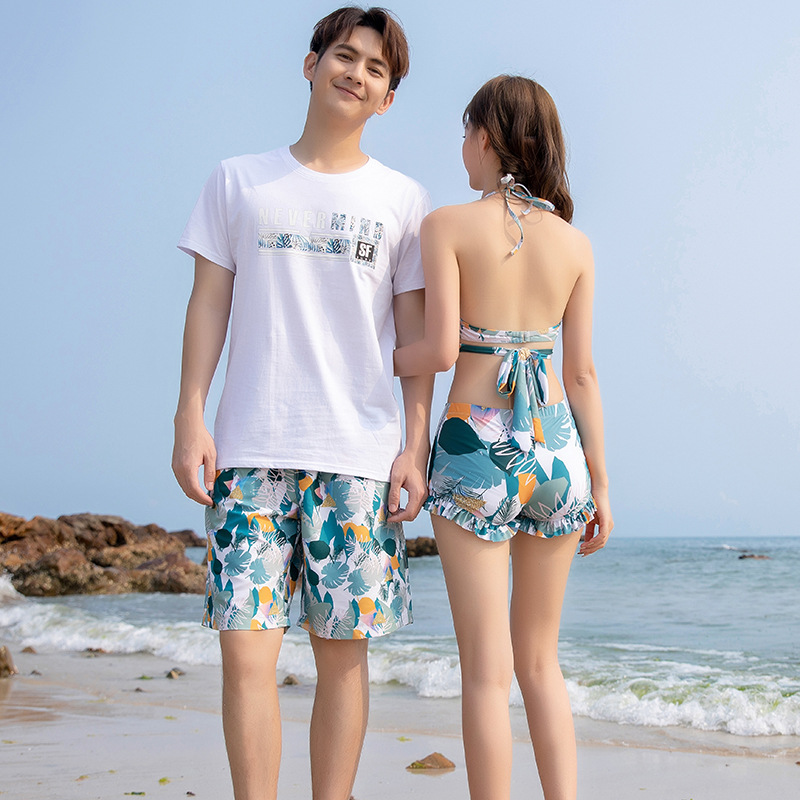 Hot spring swimsuit women's three-piece set conservative slimming seaside honeymoon vacation men's beach pants couple swimming suit