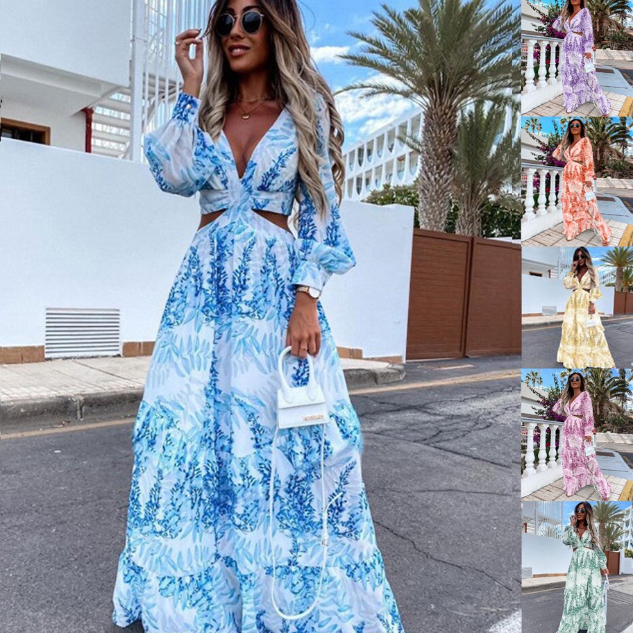2023 Amazon European and American Fashion Women's Spring New Long Printed V-Neck Long Sleeve Elegant Dress