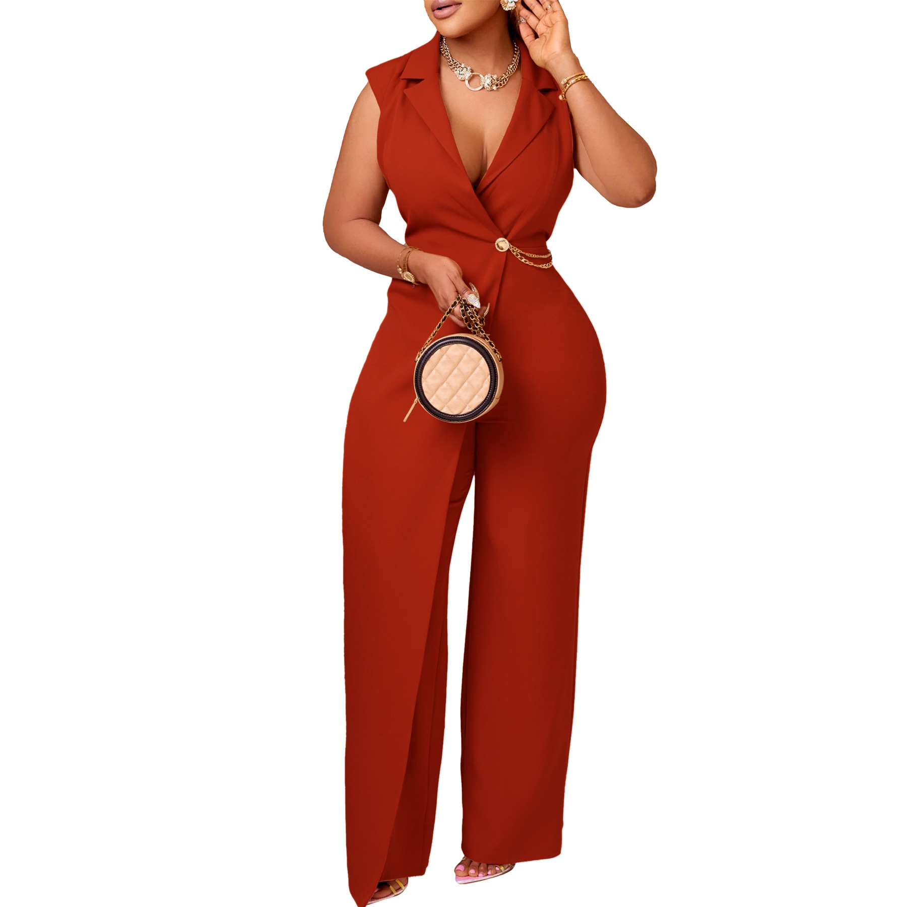 Women's New Elegant Elegant Suit Collar Waist Chain Loose Wide Leg Jumpsuit