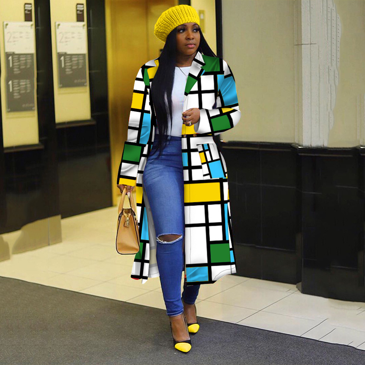 Autumn and winter New trench coat cross-border  European and American plus size plaid printed double-breasted lapel coat coat women's coat_voghion.com