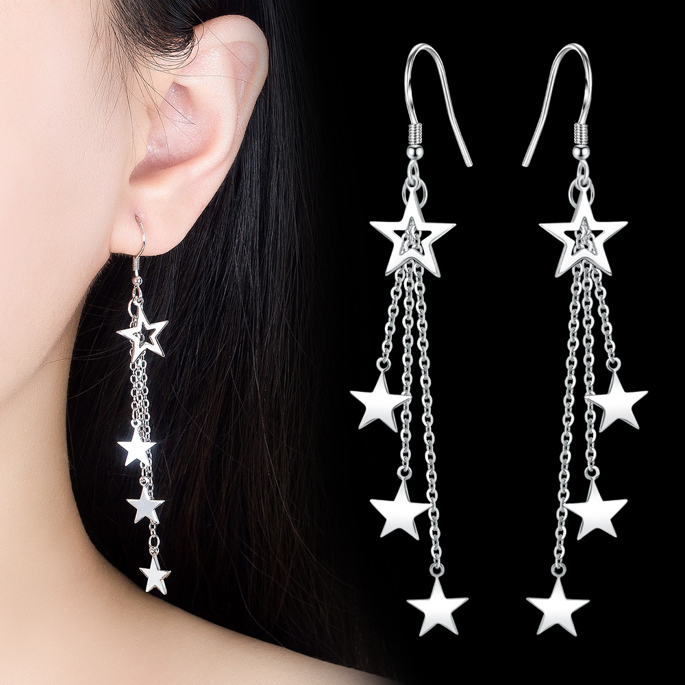 Tmall new online celebrity elegant five-pointed star tassel earrings South Korea earrings shiny star mid-length earrings for women