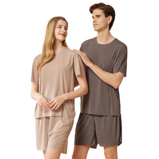 Cool Couple Pajamas Women's Round Neck Short-sleeved Pajama Pants Set Summer Shorts Men's Thin Seamless Ice Silk Home Clothes