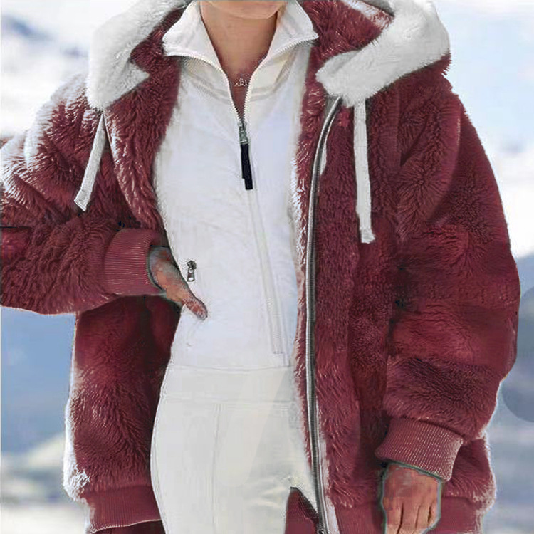 Spot wish independent station 2023 Amazon hot sale new autumn and winter loose plush zipper hooded coat women