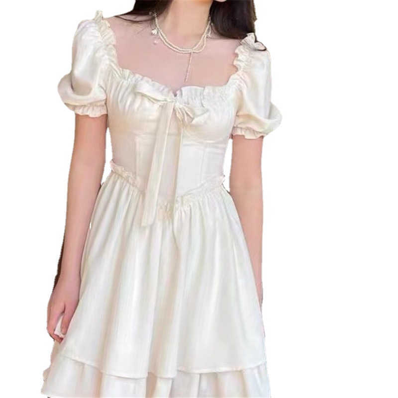 Dress Summer Pure Desire Dress 2022 New Square Collar Puff Sleeve Waist Slimming Super Fairy Sweet Solid Color Skirt for Women