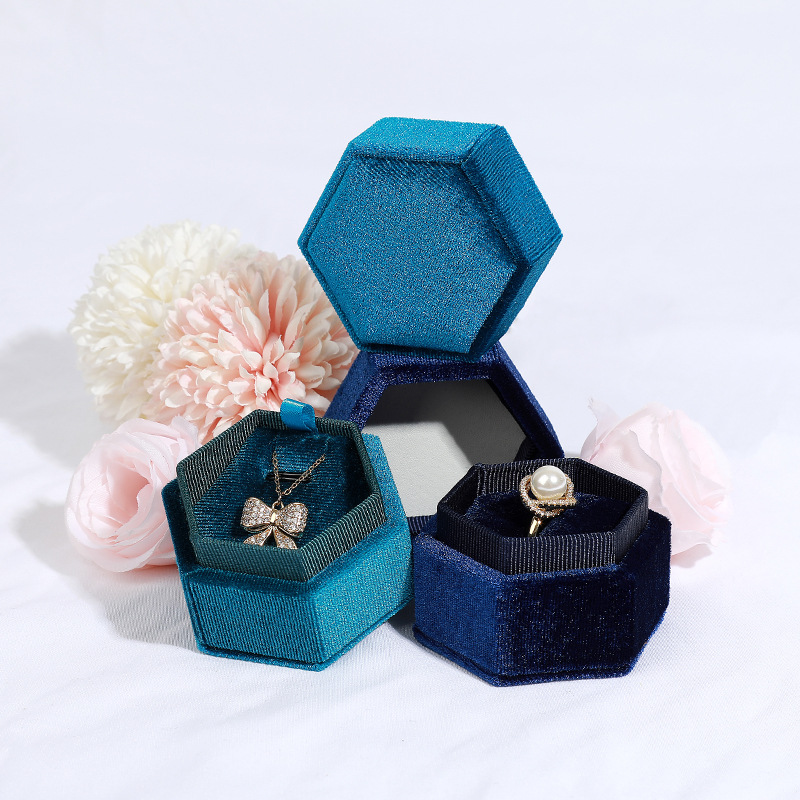 Velvet Hexagon Jewelry Box Flannel Cover Ring Box Bracelet Necklace Box Proposal Gift Box Factory Spot