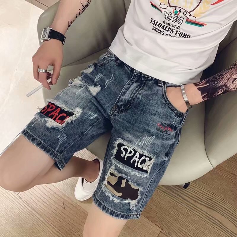 2022 new summer ripped Denim shorts men's Korean-style fashion brand half-length pants scraping personality beggar middle pants