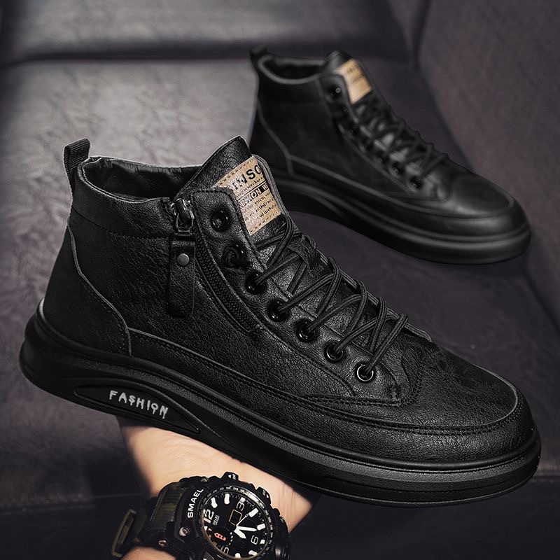 2024 spring men's shoes new breathable high-top shoes men's trendy versatile non-slip wear-resistant casual leather shoes board shoes men
