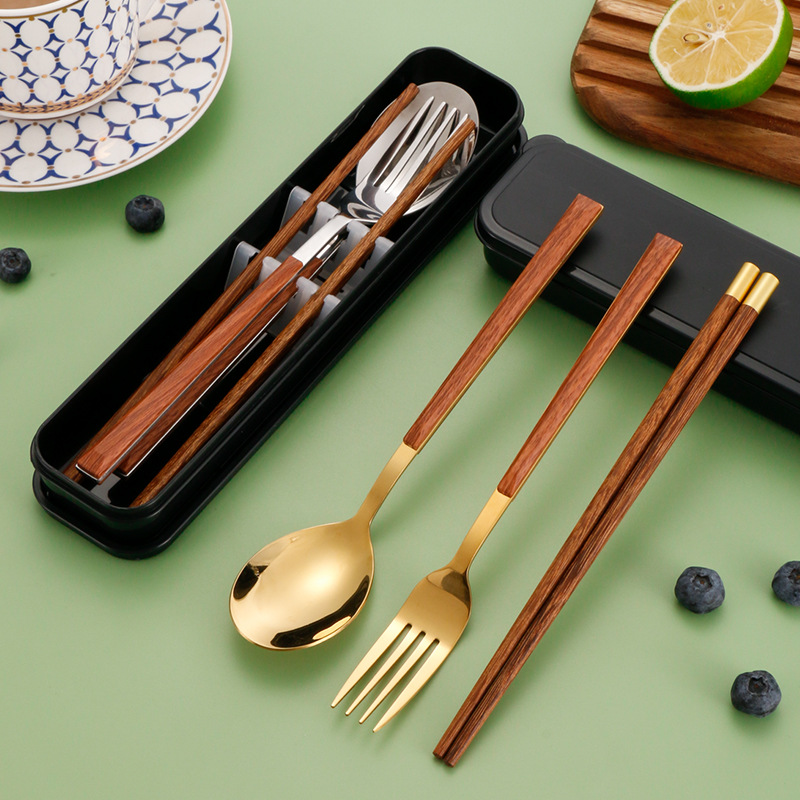 Stainless Steel Portable Tableware Portuguese Set Fork Spoon Chopsticks Three-piece Set Gift Box Gift Student Tableware