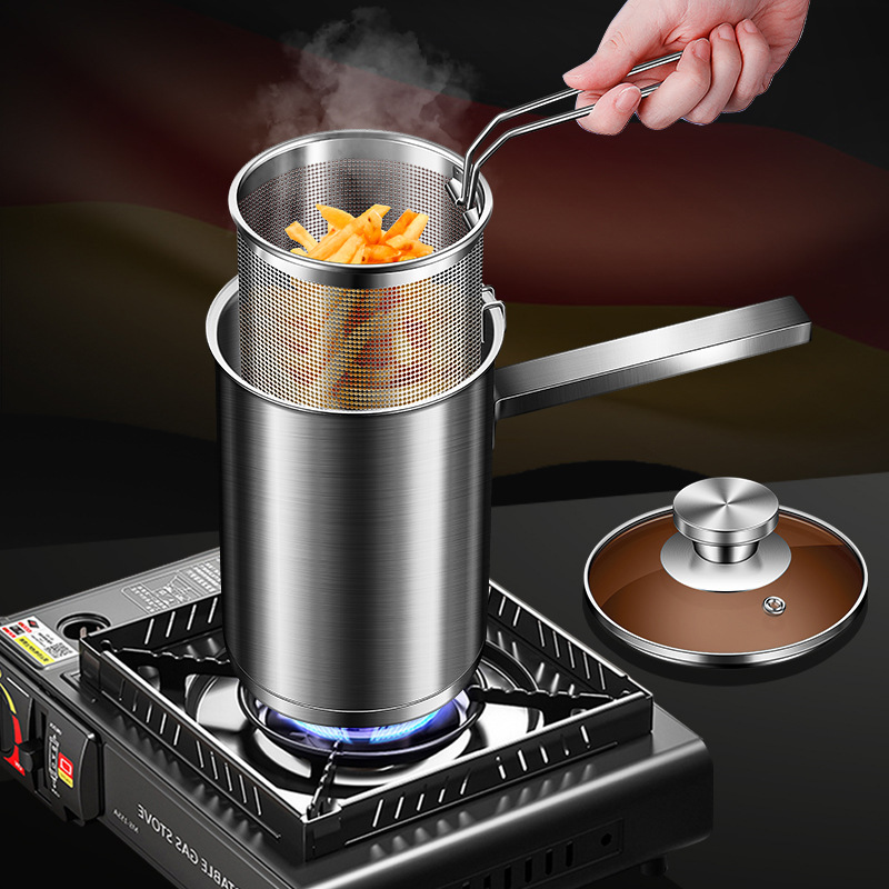 German Style 304 Stainless Steel Fryer Household Small Fryer with Strainer Heightened Deepening Fuel-Saving Tempura Pot