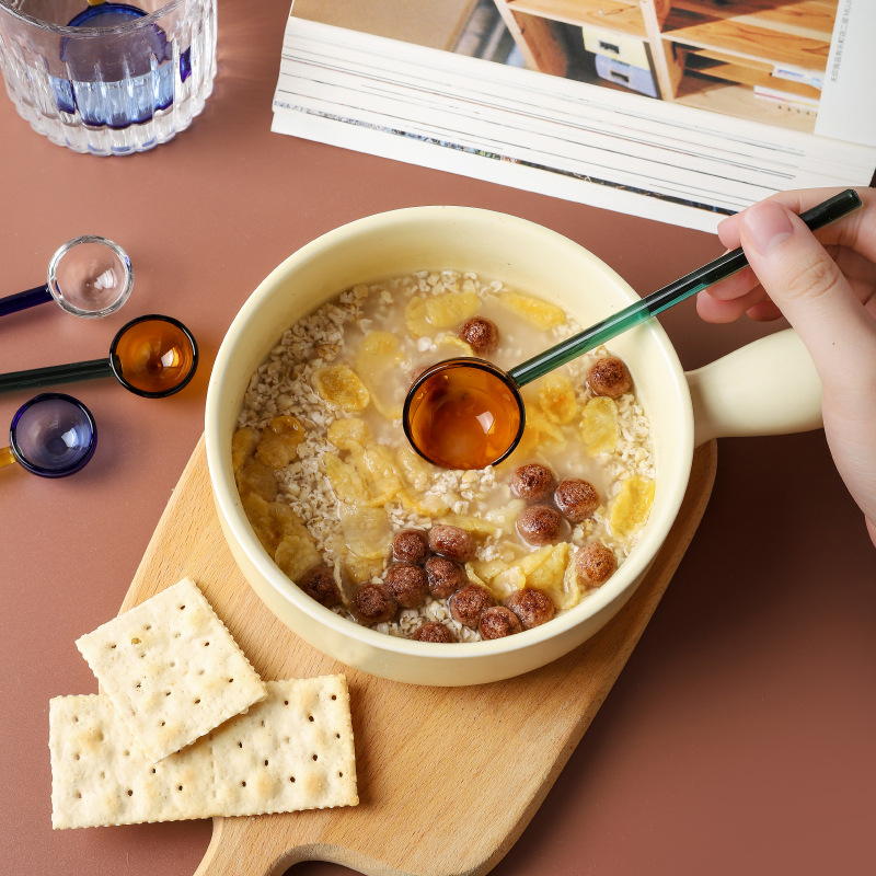 ins Style Pastoral Color Transparent High Temperature Resistant Glass Small Round Spoon Women's Cute Long Handle Coffee Mixing Spoon Spoon