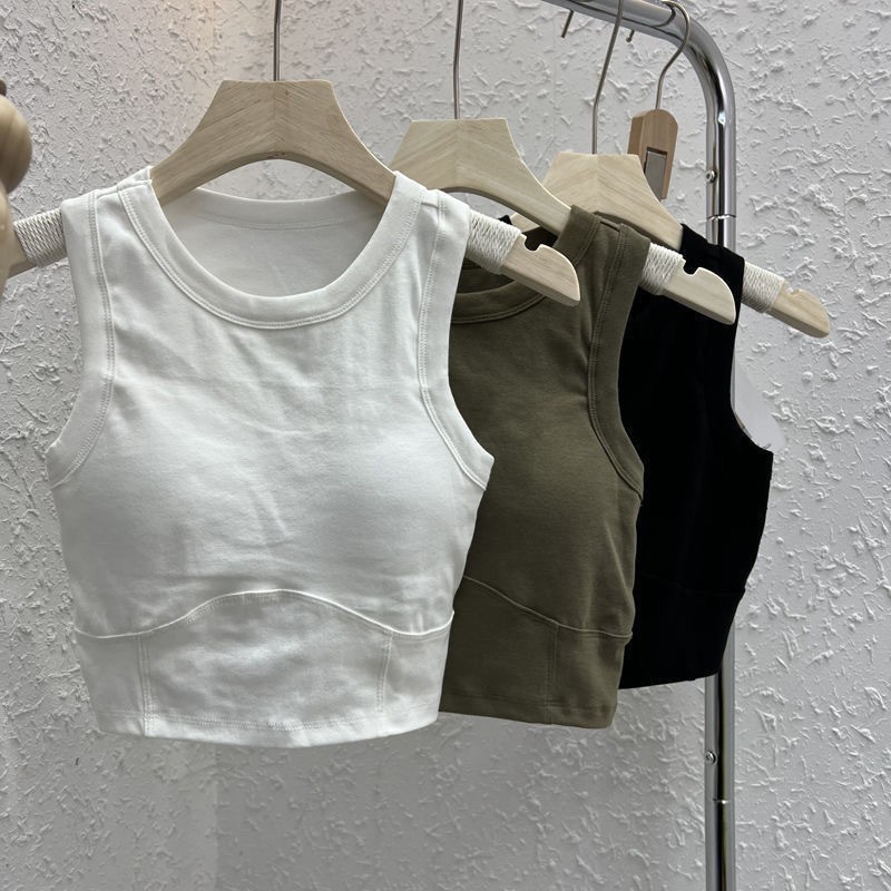 Fixed Cup Sleeveless Round Neck Camisole Women's Design Sense Stitching Base Belt Chest Pad Slim-fit Slimming Outer Wearing Beauty