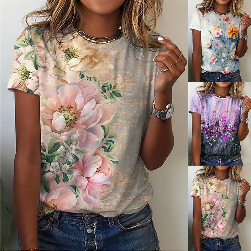 A large number of  Amazon AliExpress wish European and American summer flower print short-sleeved round neck short-sleeved T-shirt