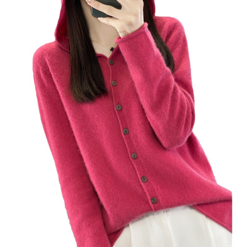 Australian Merino 100 Pure Wool Knitwear Women's Readymade Seamless Hooded Cardigan Cashmere Sweater Jacket