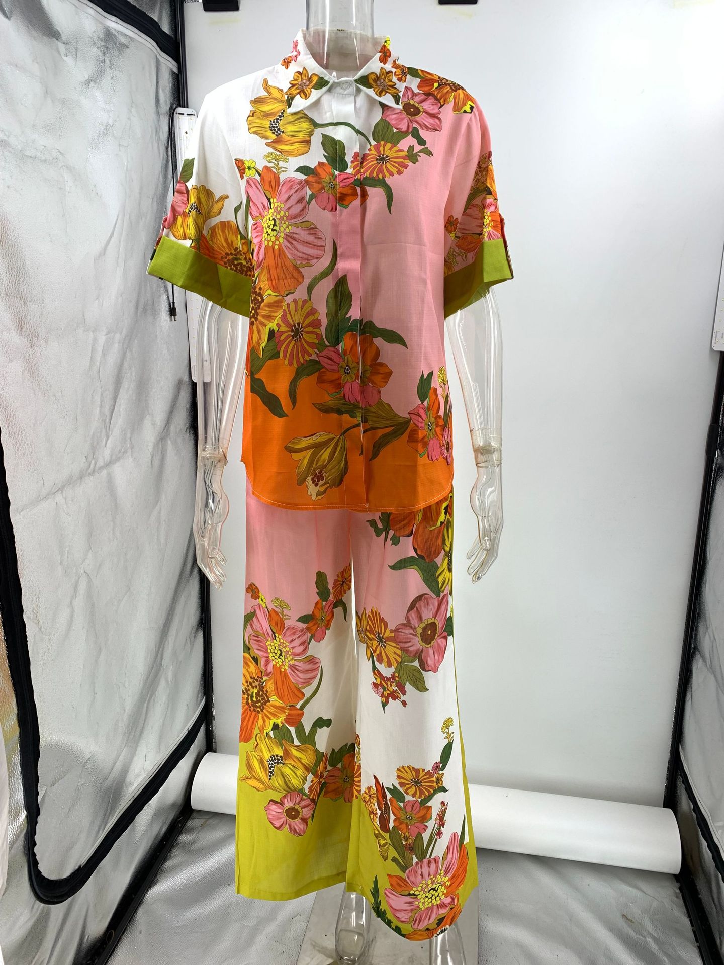 Cross-border independent station 2023 new European and American printed cotton and linen two-piece set suit top + wide leg pants_voghion.com