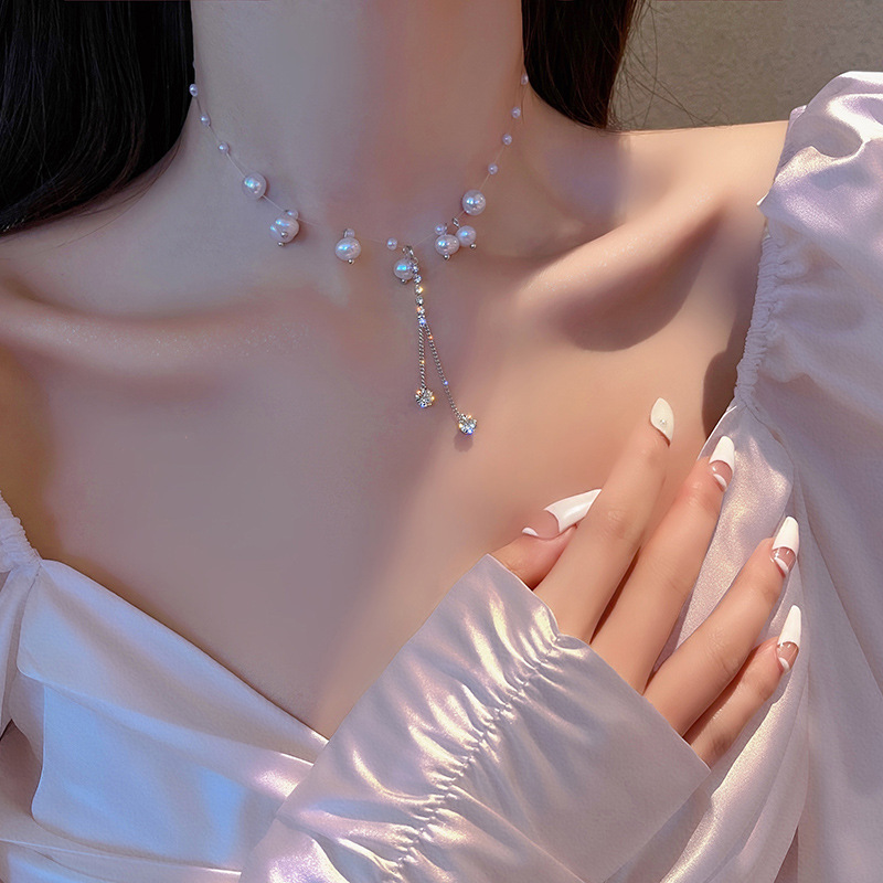 Mermaid's Tears ~ Natural Pearl Flash Diamond Tassel Necklace Women 2022 New Entry Luxury Niche Short Necklace - ShopShipShake