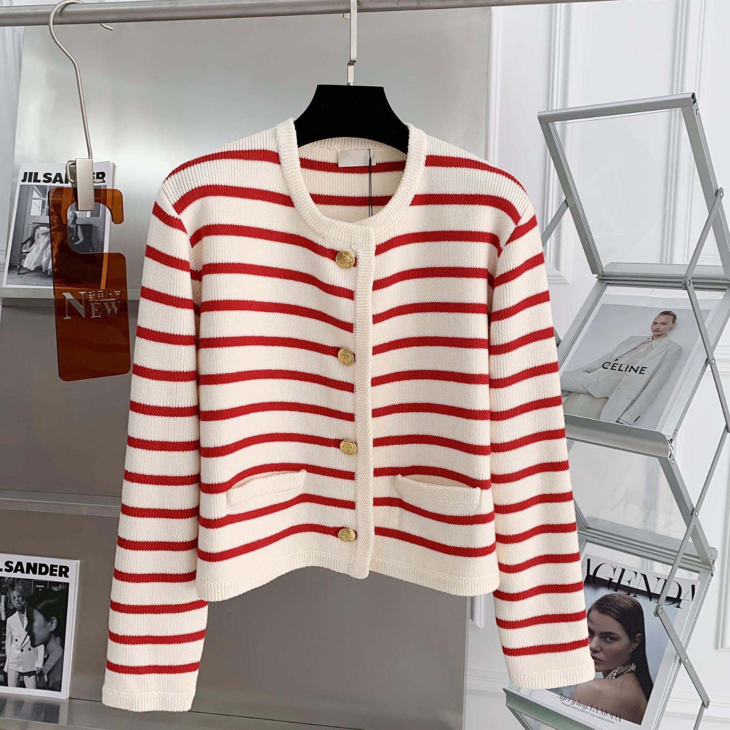 Gold Button Contrast Stripesd Round Neck Small Fragrant Knitted Cardigan for Women Autum French Loose Short Outer Sweater Jacket