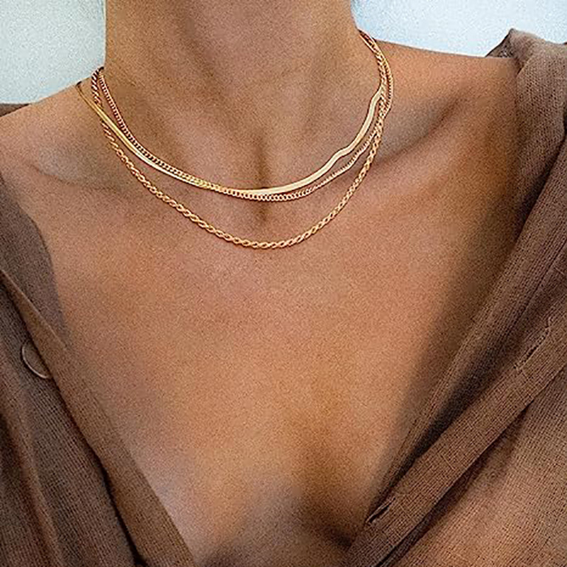 fashion three-layer stacked basic chain snake bone chain twist chain hot selling simple personalized necklace_voghion.com