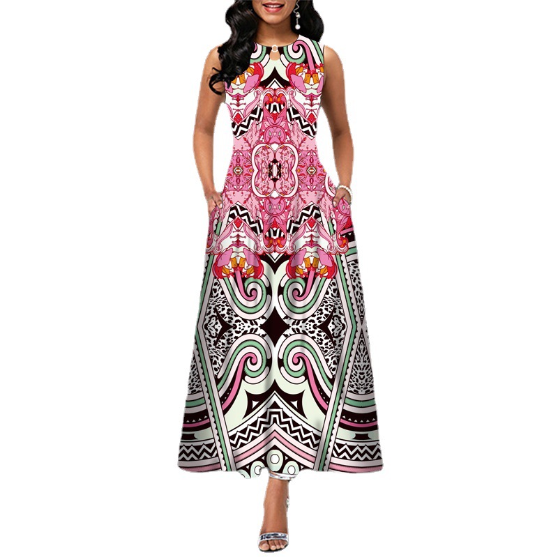 Cross-border Amazon European and American Round Neck Sleeveless Vest Printed Dress Pocket Waist Large Size Long Dress Large Swing Dress for Women