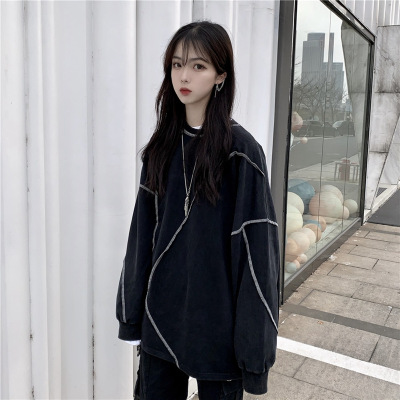 2024 Korean Style New Autumn Wear Thin Round Neck Distinctive Sweat Women's Long-sleeved Loose All-match Fashionable Outer Wearing Top for Students