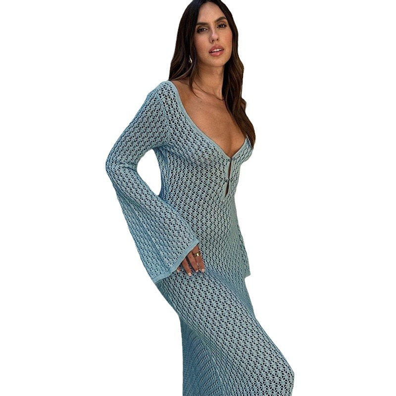 European and American autumn and winter New Beach skirt women's solid color sexy knitted Hollow Beach bikini swimsuit cover-up sun protection clothing