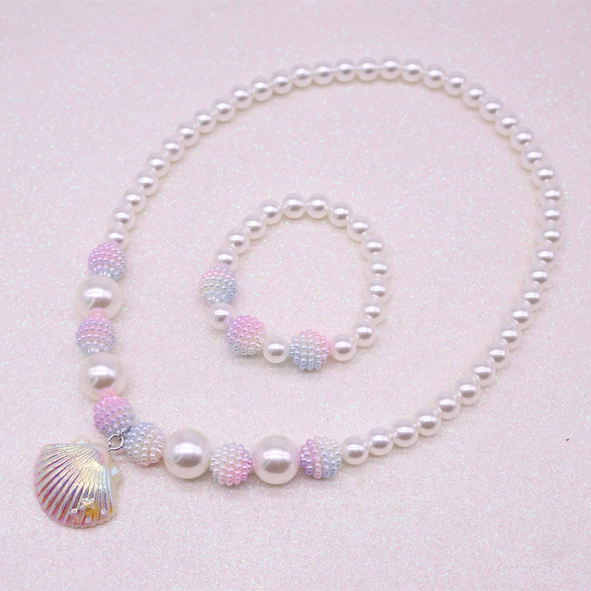 New Children's Shell Necklace Bracelet Set Girls Imitation Pearl Mermaid Beaded Necklace Girls Jewelry