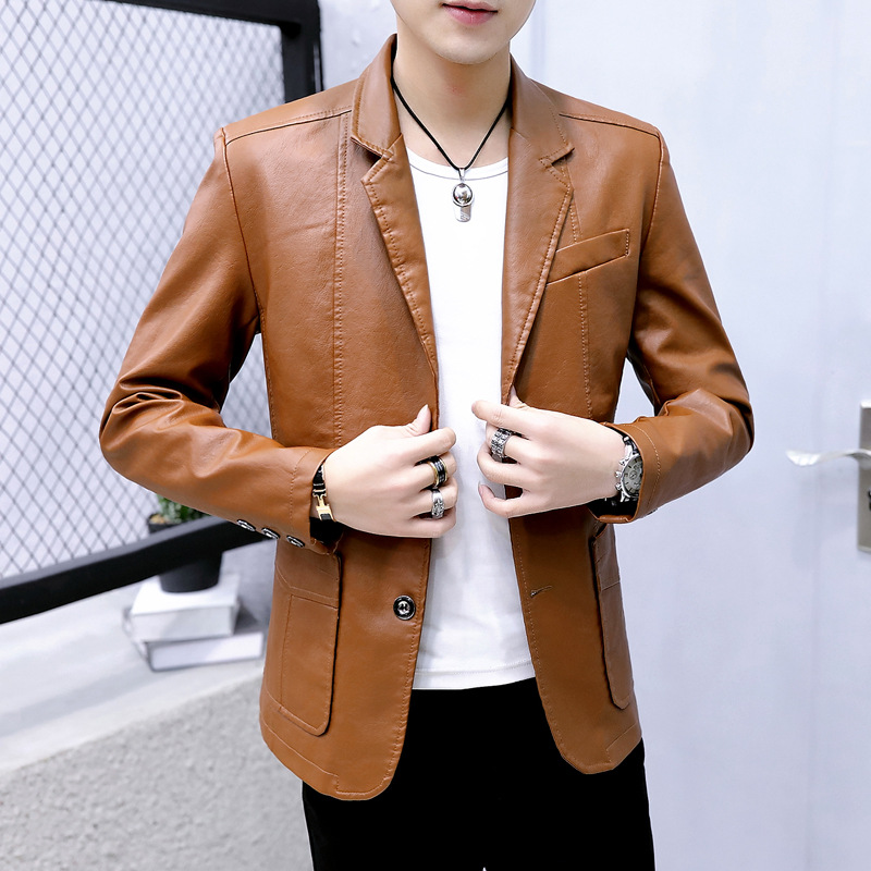 Leather suit men's autumn and winter New Korean style slim fit trendy handsome youth casual lapel fleece-lined leather jacket wholesale