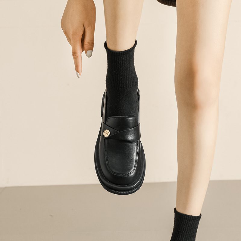 sheii Su Yinyin] Inner height increasing small gold coin thick bottom step heel lazy chunky heel loafers women's small leather shoes