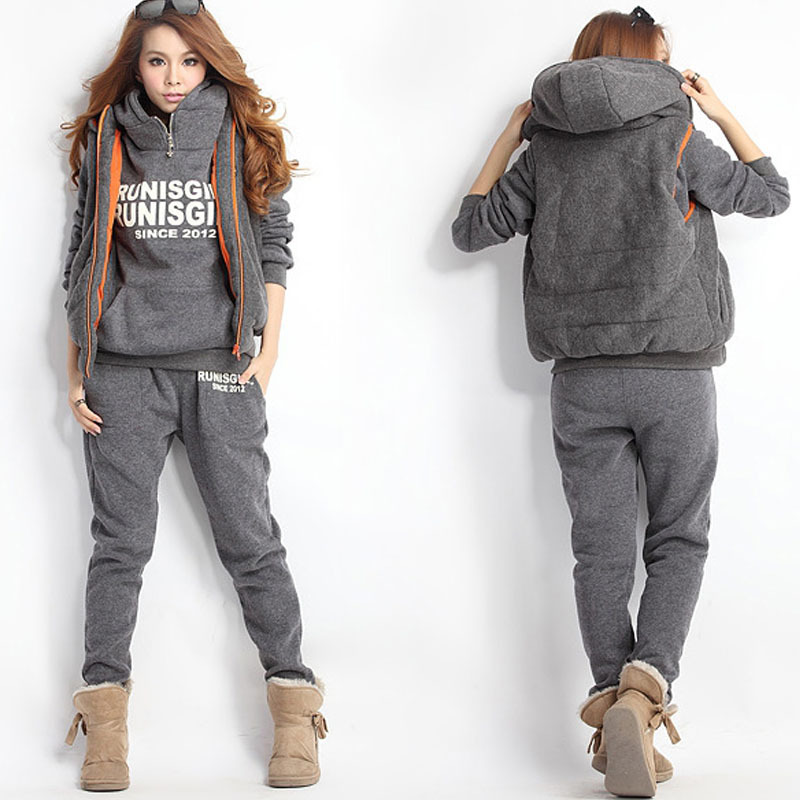 Cross-border European and American Women's 2022 Winter Velvet Gray Sports Casual Suit Large Size Fashion Hooded Sweatpants