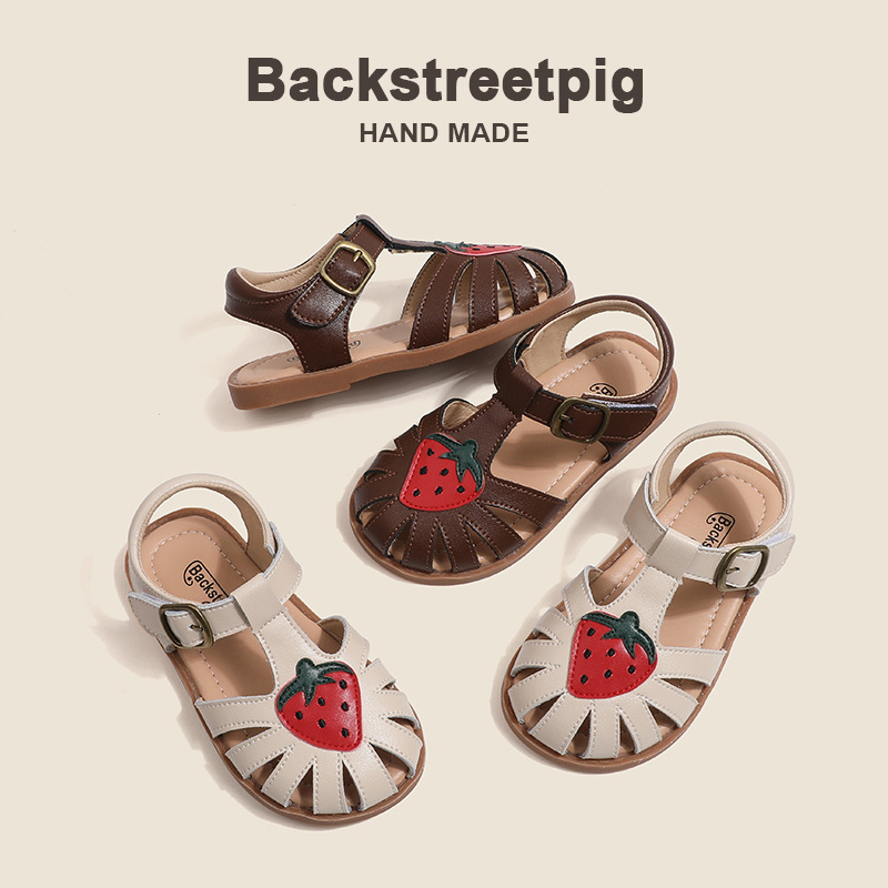 Children's Sandals 2024 Summer Sweet Strawberry Beach Sandals Casual Non-slip All-match Girls Shoes Leather Baby Sandals