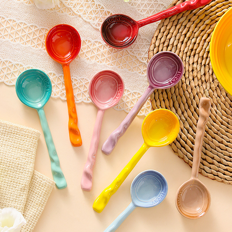 Colorful ceramic long-handled spoon creative high-value household small Spoon soup spoon dessert spoon spoon spoon tableware wholesale